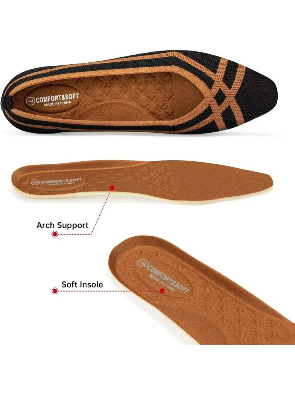 Frank Mully Women's Black Orange Rubber Knit Square Toe Comfortable Slip On Flat
